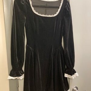Black Velvet Dress with Lace Trim